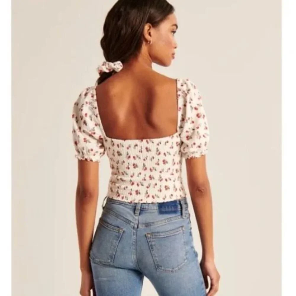 Abercrombie & Fitch Cherry Print Square Neck Puff Sleeve Top Small 51649